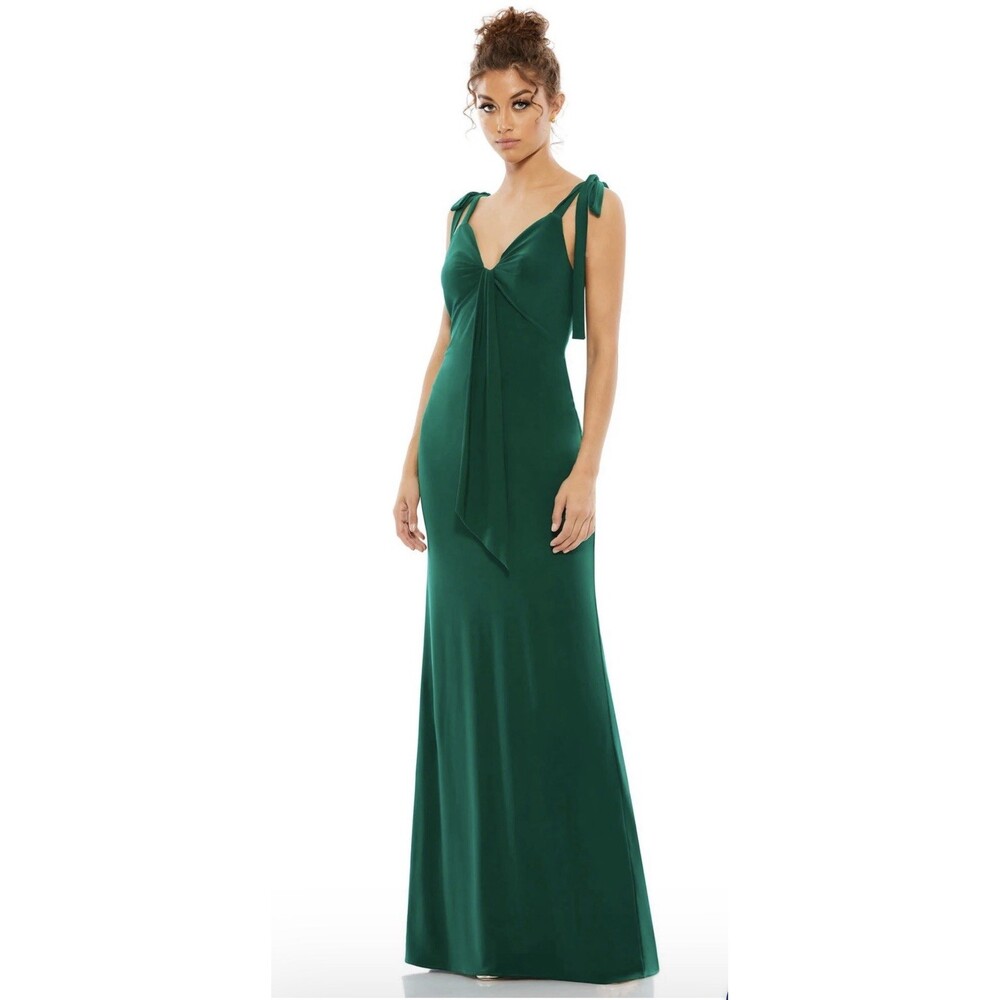 Ieena Mac Duggal Emerald Green Long Formal Bow Shoulder Gown Dress